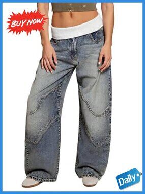 High Rise Barrel Cargo Jeans Polyester Spandex Patchwork Denim